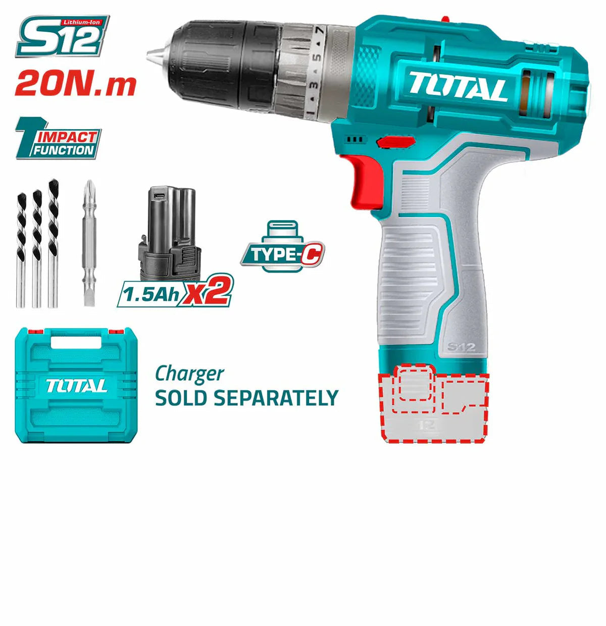 TOTAL 12V Lithium-Ion Cordless Impact Drill TIDLI12202 Total